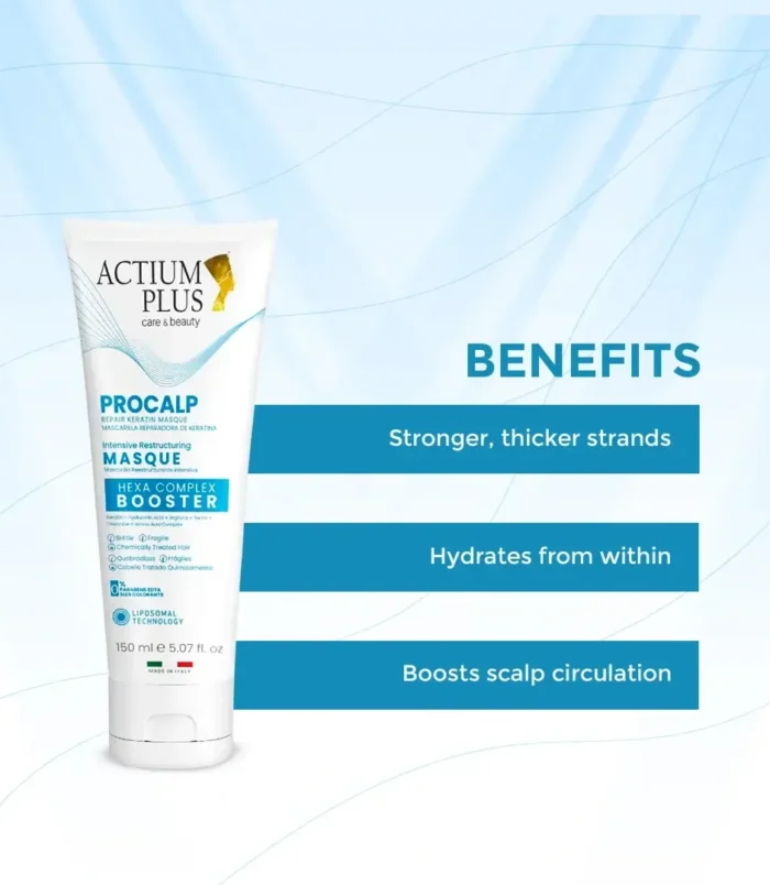 Actium_Plus_Procalp_Hair_Mask_With_Benefits_Listed_On_A_Blue_Gradient