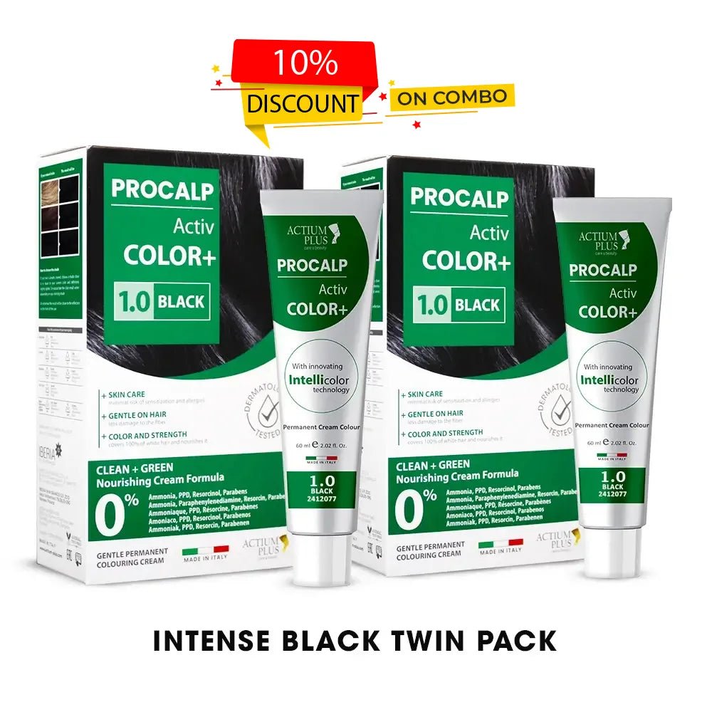 Actium Plus PROCALP Activ Color+ | (Black 1.0 + Black 1.0) Intense Black Twin Pack | Long-lasting Permanent Hair Color | Dermatologist-tested | For Men/ Women