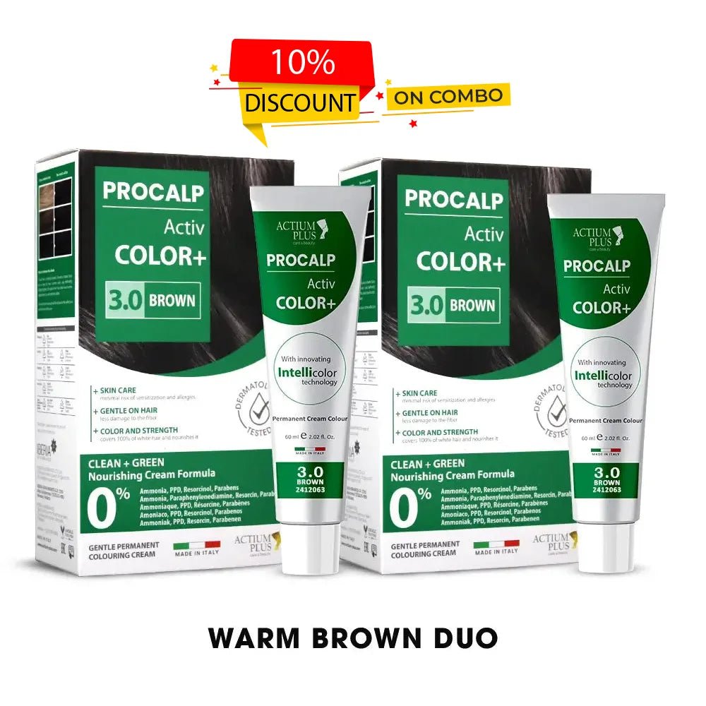 Actium Plus PROCALP Activ Color+ | (Brown 3.0 + Brown 3.0) Warm Brown Duo | Long-lasting Permanent Hair Color | Dermatologist-tested | For Men/ Women
